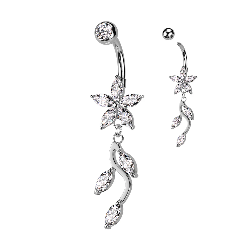 5 Marquise CZ Flower With Vine Dangle Belly Button Navel Rings - Image 5