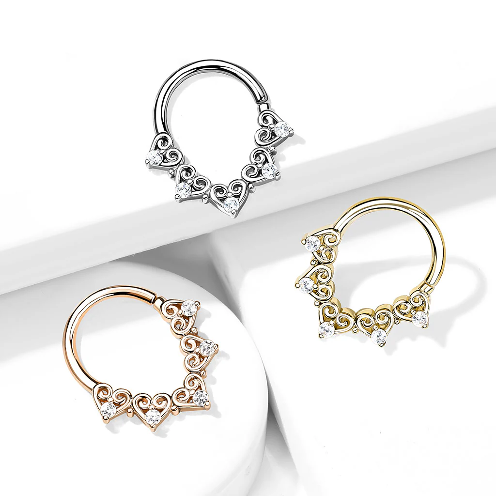 Heart Filigree with Mini CZ Bendable Hoop for Daith, Cartilage Nose Septum