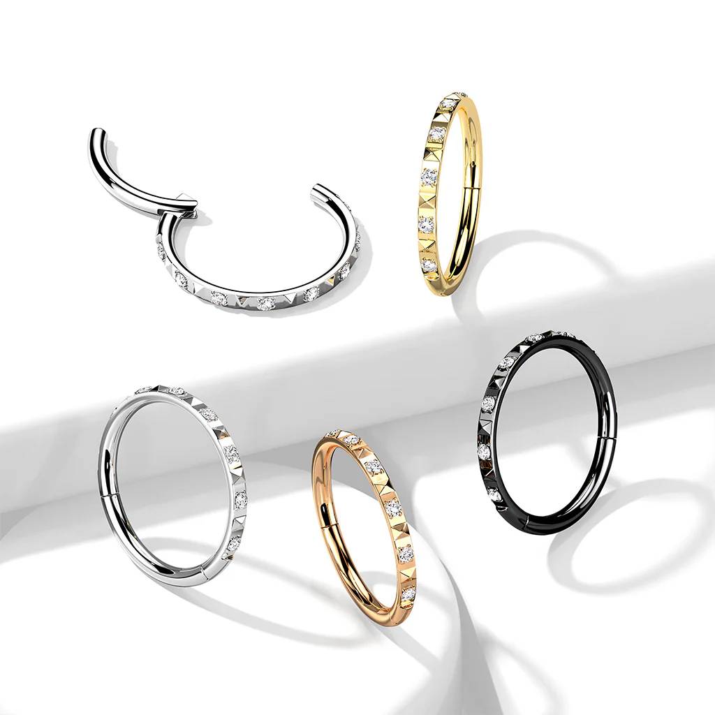 CZ paved in Pyramid Cuts Hinged Hoop Segment Rings Nose Septum Ear Cartilage