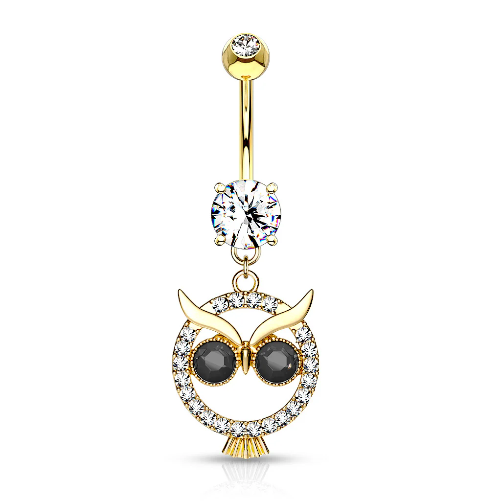Paved Owl CZ With Black CZ Eye Dangle Navel Belly Button Ring - Image 3
