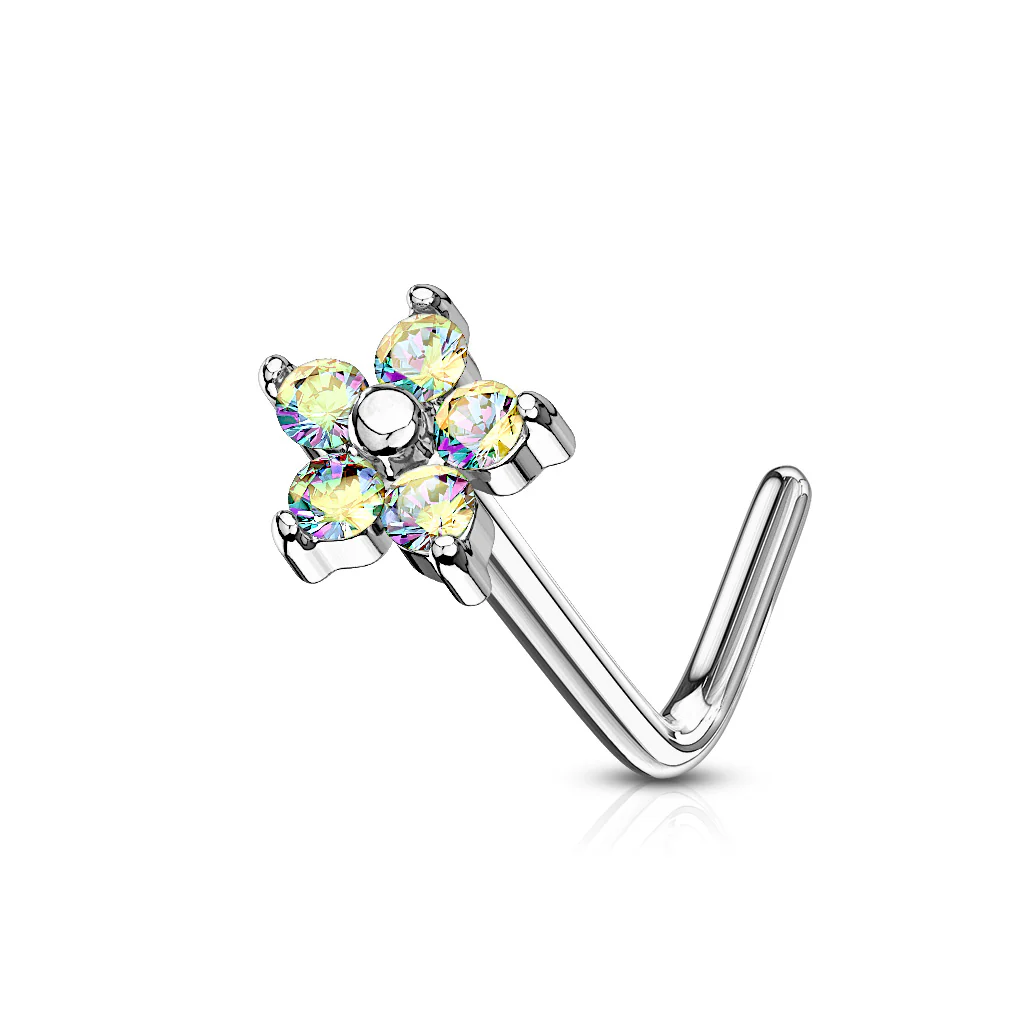 5 CZ Flower Top Surgical Steel L Bend Nose Stud Rings - Image 5