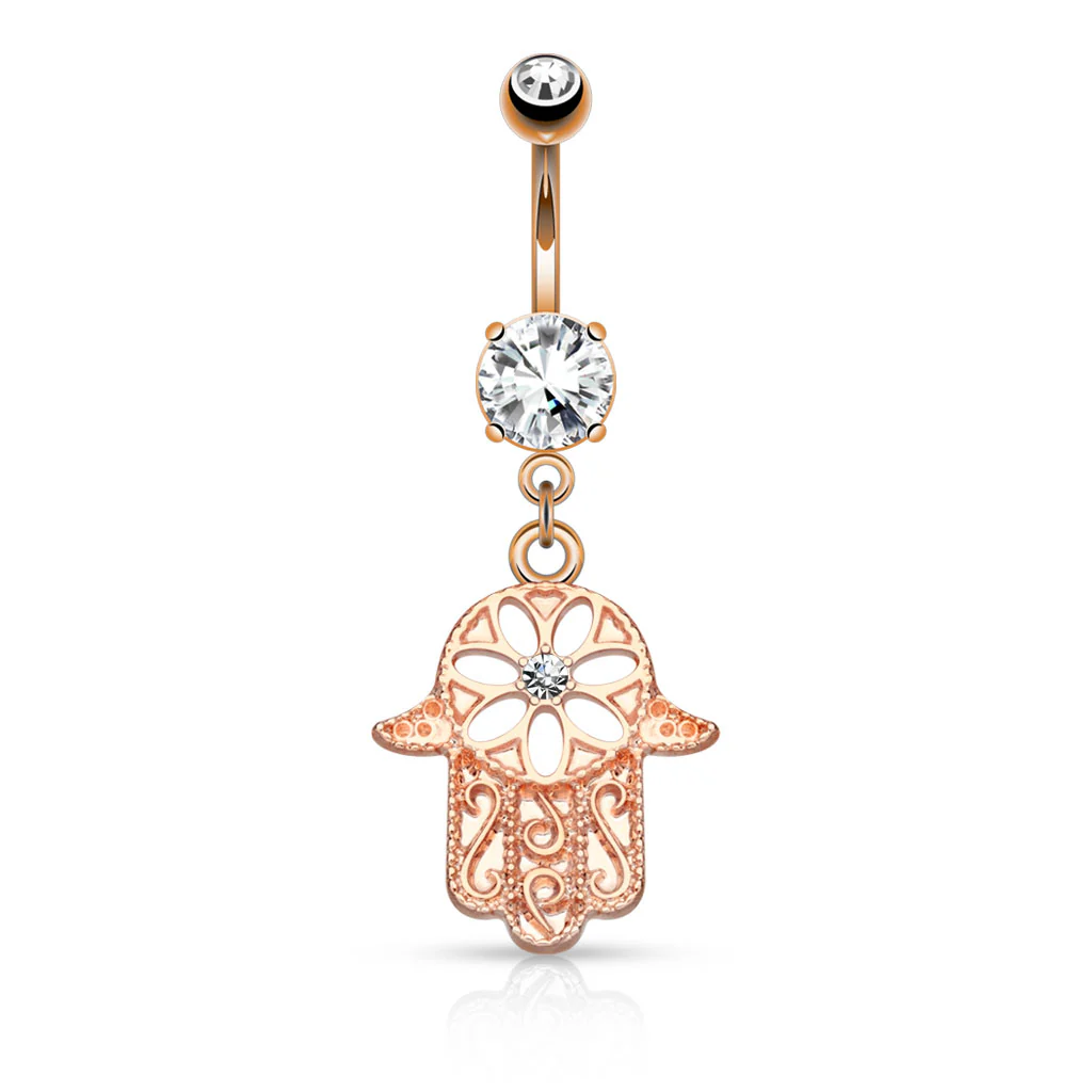 Beaded Hamsa Hand CZ Center Dangle Navel Belly Button Ring - Image 3