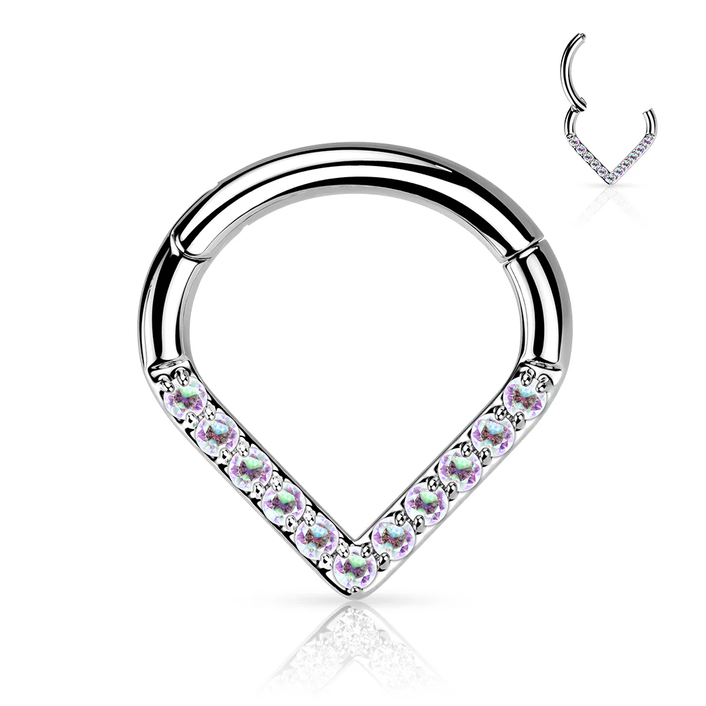 Titanium Hinged Segment Hoop Ring CZ V Line For Nose Septum Cartilage - Image 4