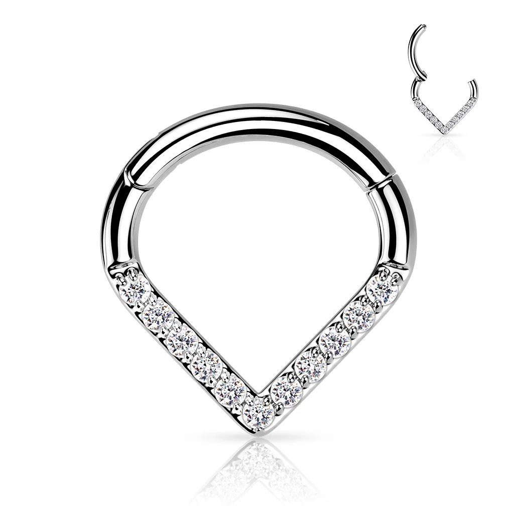 Titanium Hinged Segment Hoop Ring CZ V Line For Nose Septum Cartilage - Image 5
