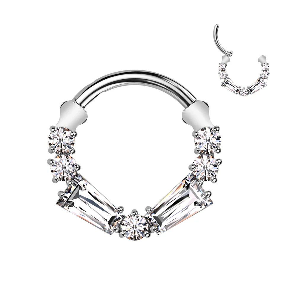 Titanium Hinged Segment Hoop Ring Baguette CZs For Nose Septum Cartilage