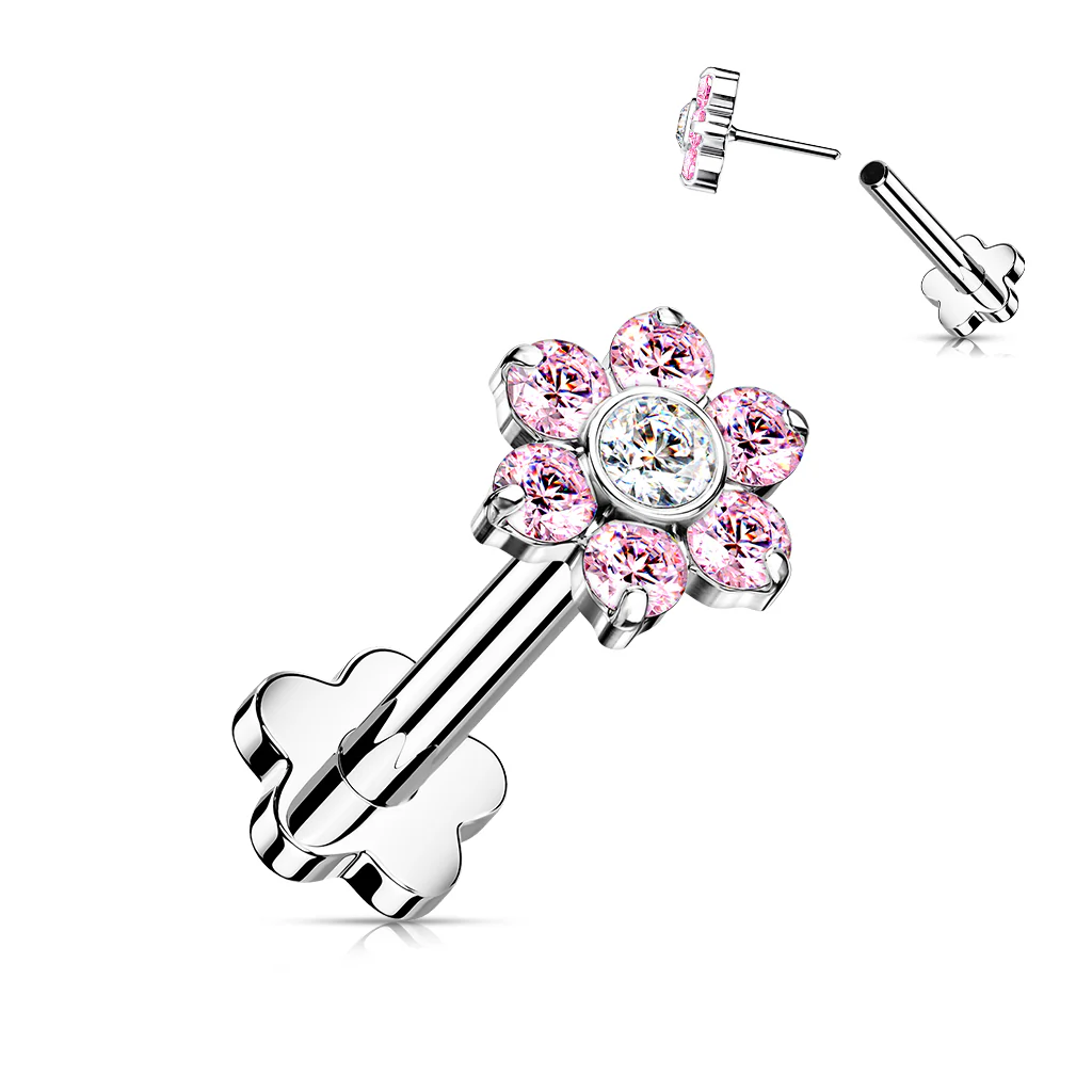 Titanium Threadless Push-In CZ Flower Labret Flower Base Stud - Image 6