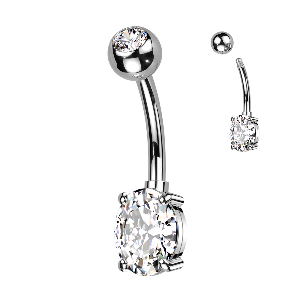 Titanium With CZ Top Ball & Oval Prong Set CZ Belly Button Ring - Image 3