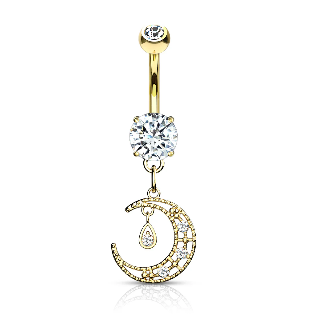 CZ Paved Crescent Moon Dangle Navel Belly Button Ring - Image 3