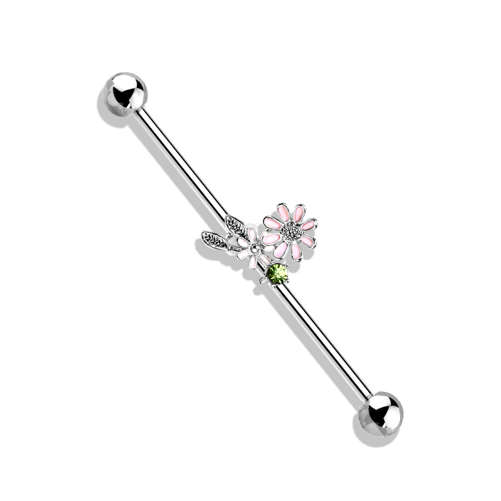 CZ Flower and Leaves 316L Surgical Steel Industrial Barbells - Image 5