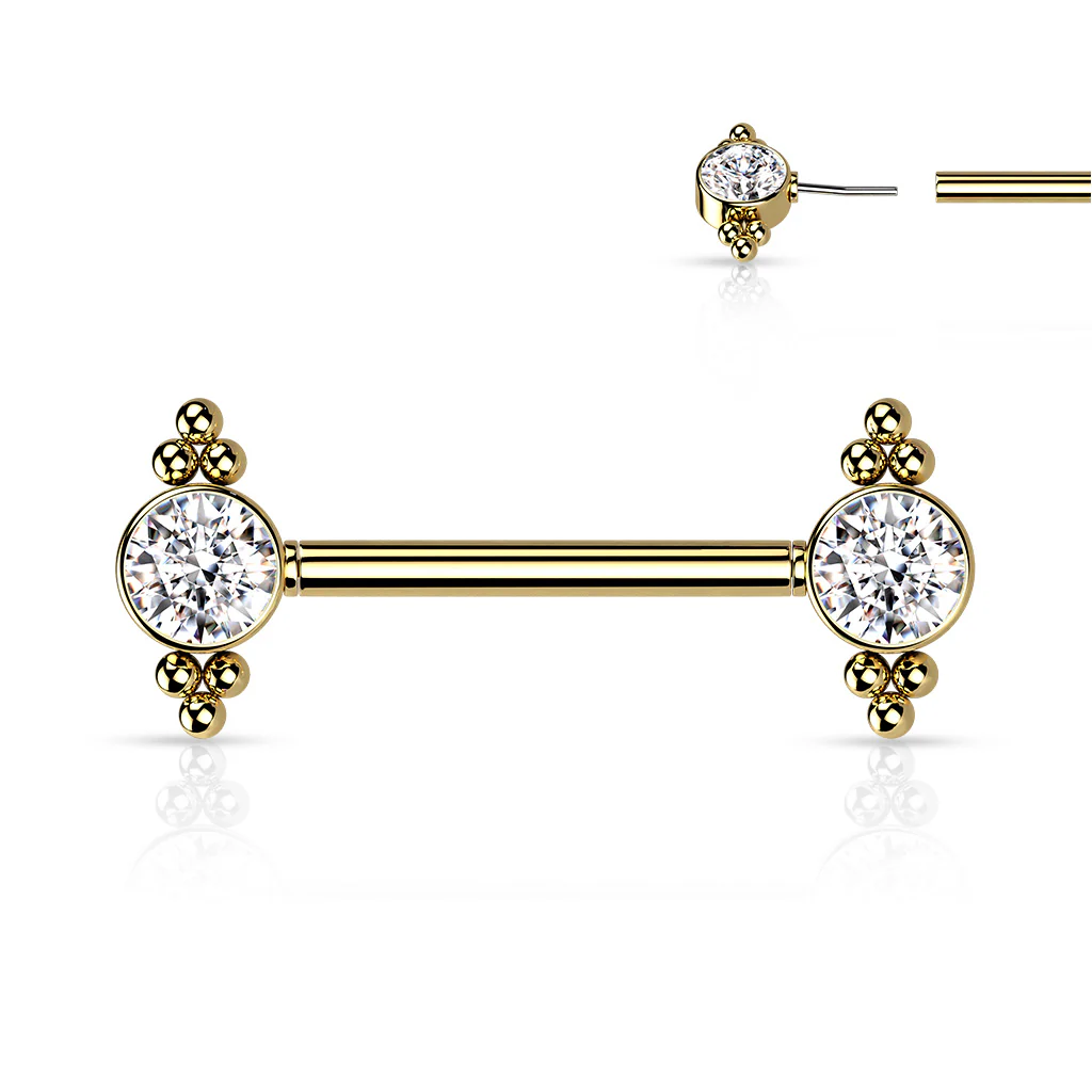 Threadless Push In Nipple Barbell with CZ and Ball Clusters On Each Side - Image 2