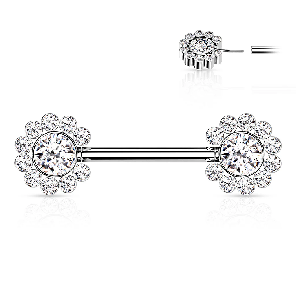 Pair 11 CZ Flower Cluster Threadless Push in Nipple Barbells - Image 2