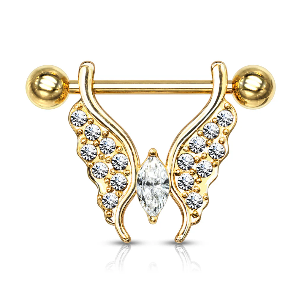 Pair Marquise Crystal Center CZ Paved Butterfly Barbell Nipple Rings - Image 2