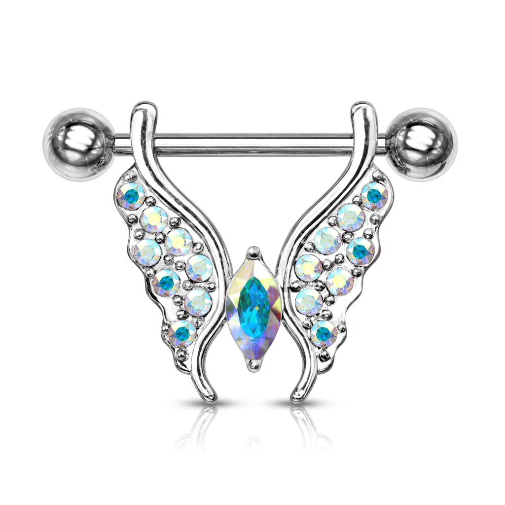 Pair Marquise Crystal Center CZ Paved Butterfly Barbell Nipple Rings - Image 6