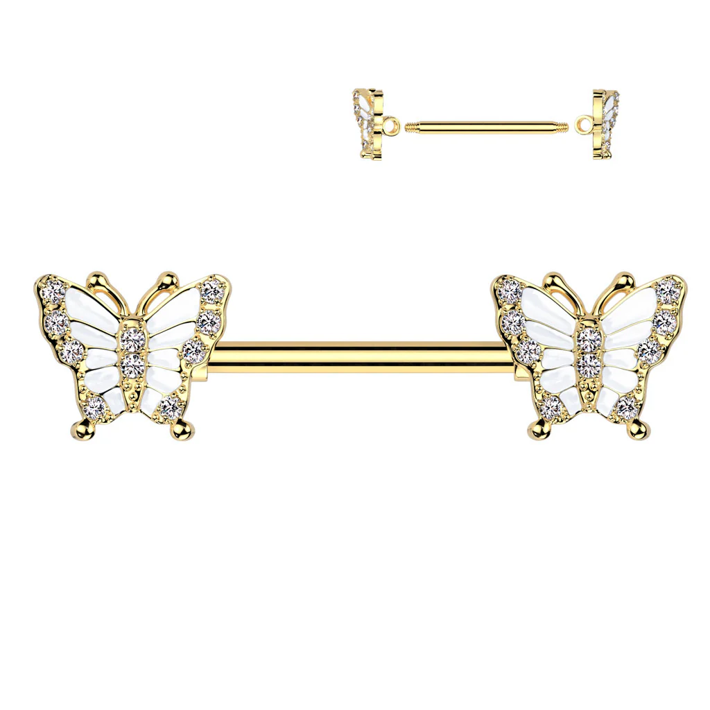 Pair Pave CZ Butterfly Ends Nipple Barbell Rings - Image 3