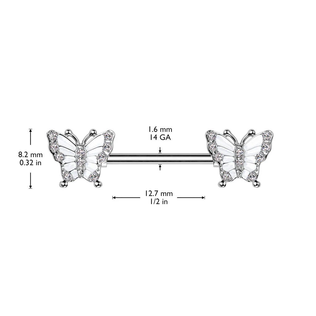 Pair Pave CZ Butterfly Ends Nipple Barbell Rings - Image 4