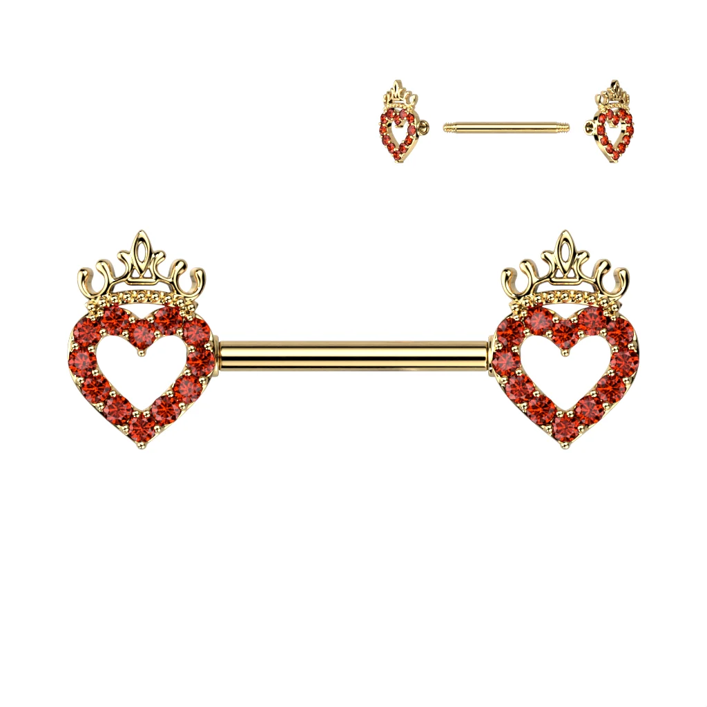 Pair CZ Paved Heart & Crown NippleBarbell Rings - Image 4