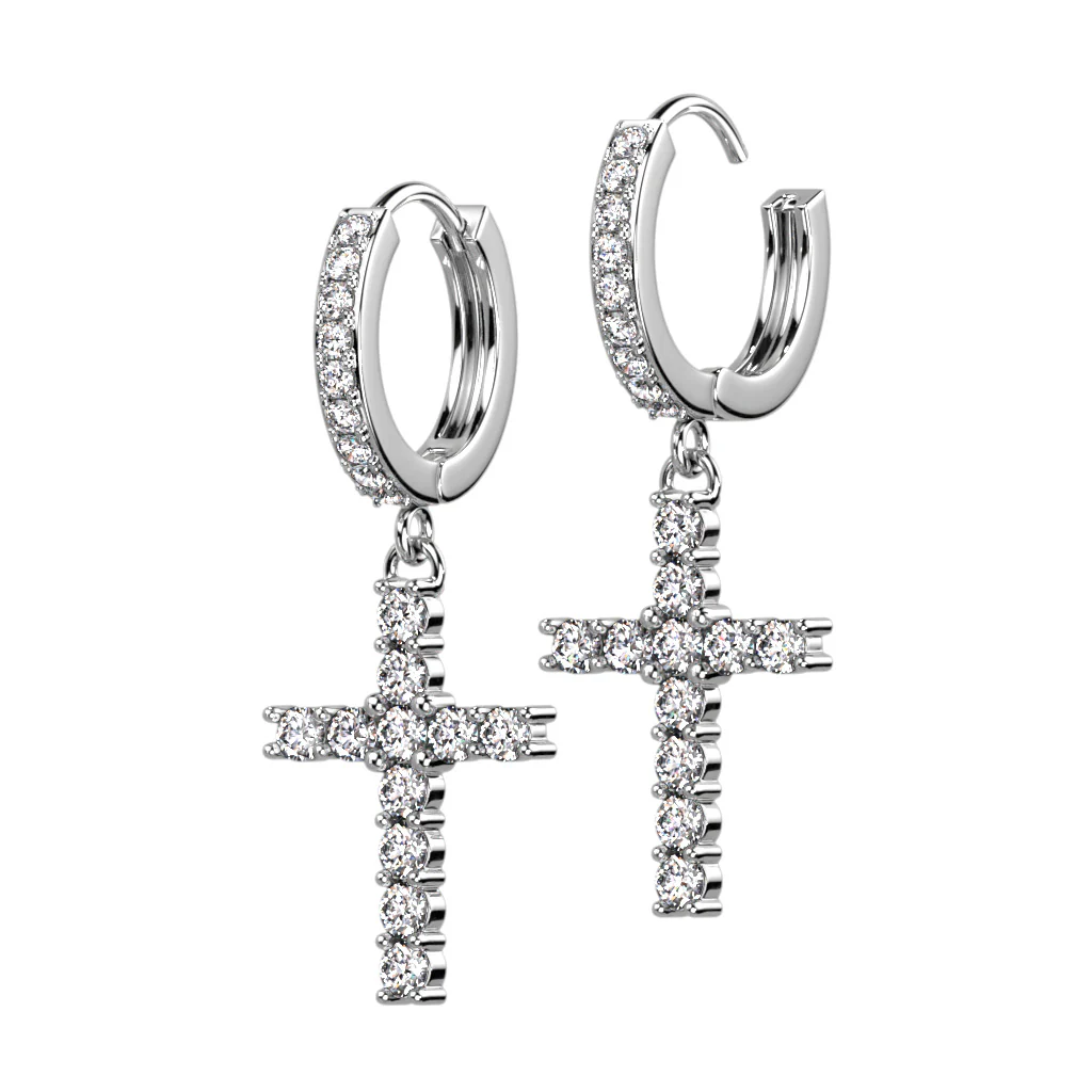 Pair CZ Paved Cross Dangle Hoop Earrings - Image 3