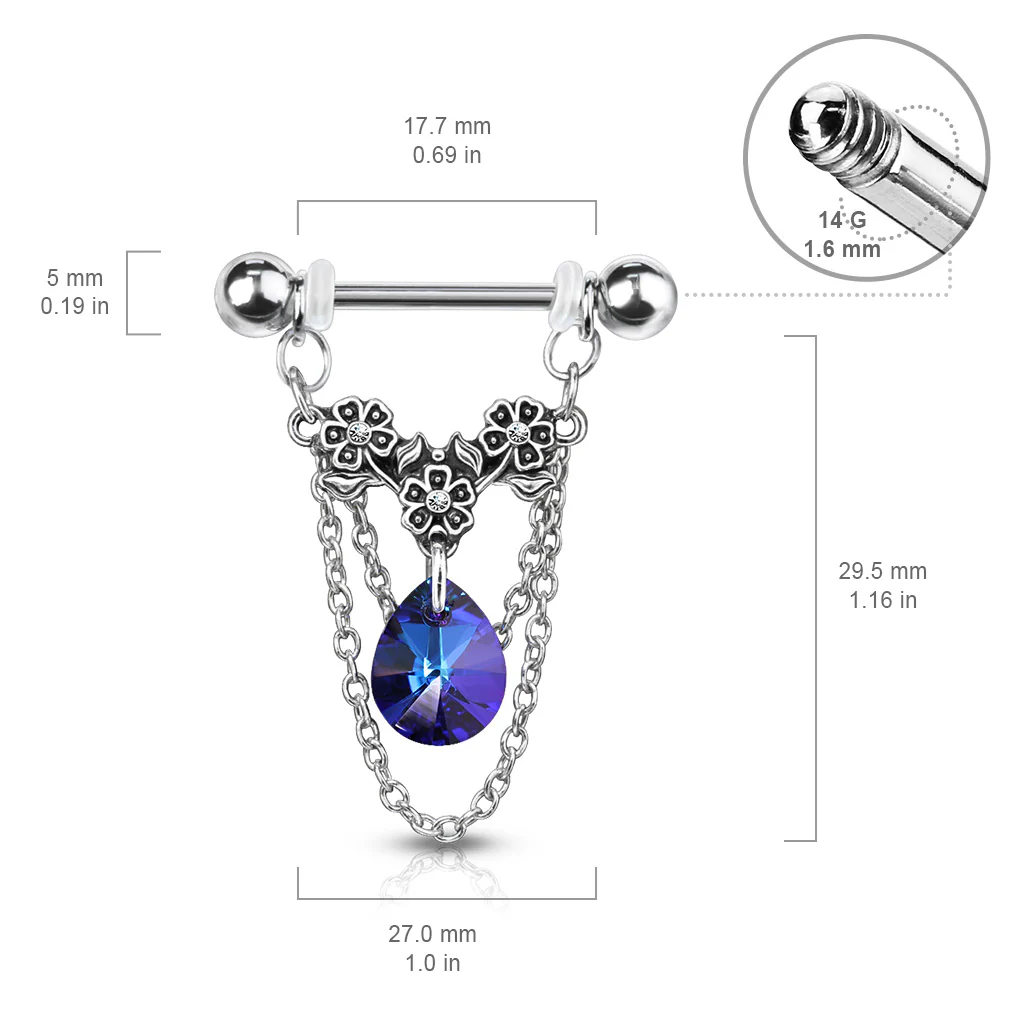 Pair Crystal Center Flower With Pear Crystal Dangle Barbell Nipple Rings - Image 2