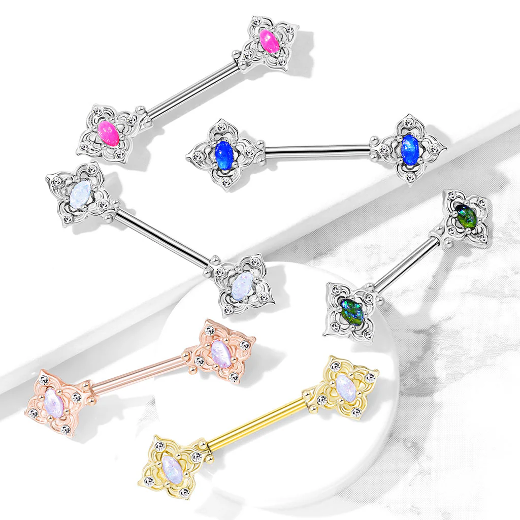 Pair Floral Filigree Crystal & Opal Glitter Nipple Barbell Rings - Image 10
