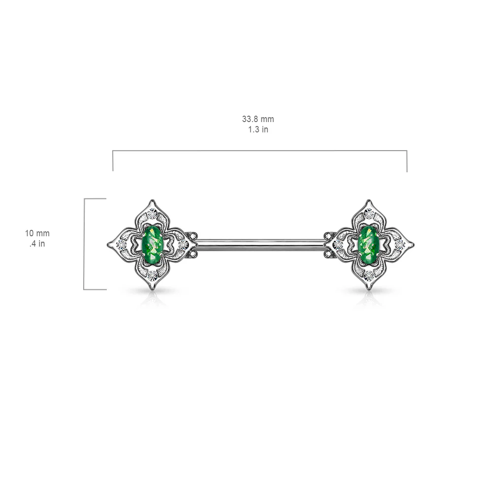 Pair Floral Filigree Crystal & Opal Glitter Nipple Barbell Rings - Image 2