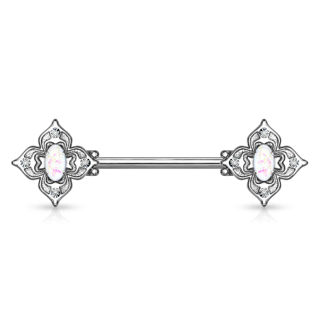 Pair Floral Filigree Crystal & Opal Glitter Nipple Barbell Rings - Image 3