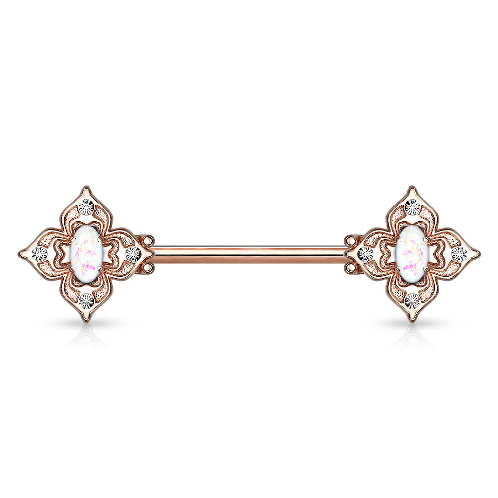 Pair Floral Filigree Crystal & Opal Glitter Nipple Barbell Rings - Image 4
