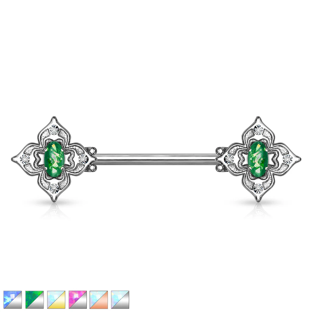 Pair Floral Filigree Crystal & Opal Glitter Nipple Barbell Rings - Image 9
