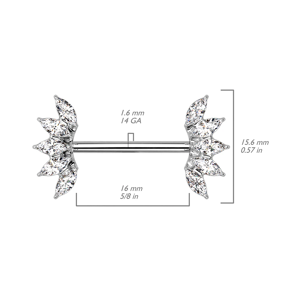 Pair 5 Marquise Crystals Fan End Nipple Barbell Rings - Image 2