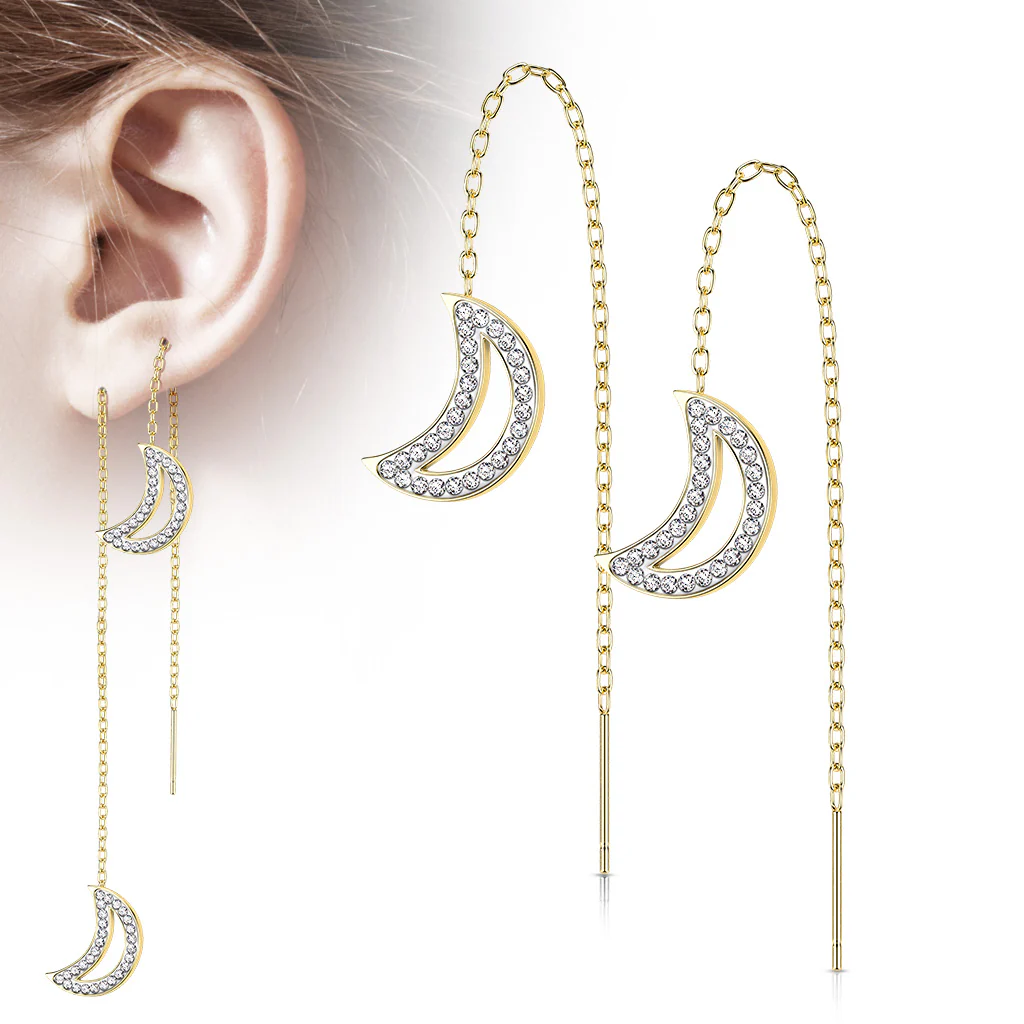 Pair Paved CZ Crescent Moon Falling Threader Earring - Image 6