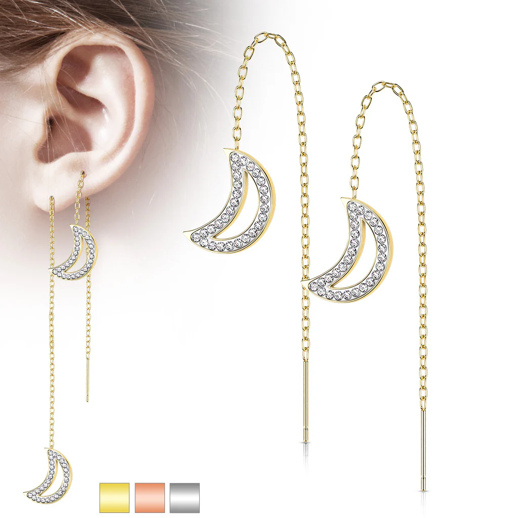 Pair Paved CZ Crescent Moon Falling Threader Earring - Image 7