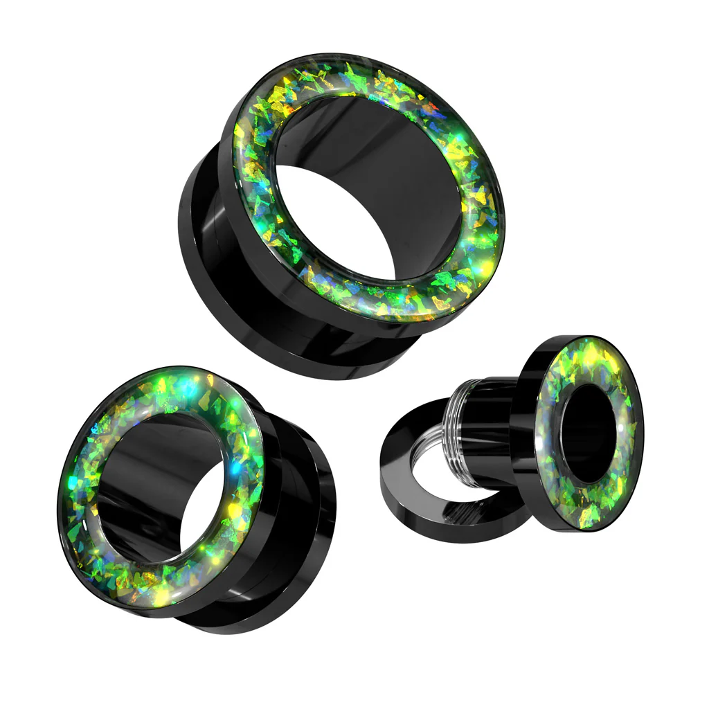 Pair Opal Glitter Rimmed Black Screw Fit Ear Tunnels Plugs - Image 2