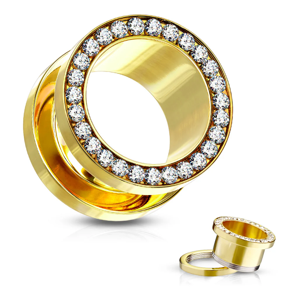 Pair Of 14K Gold Plated Multi CZ Rim Ear Plug Screw Fit Flesh Tunnel - Image 5
