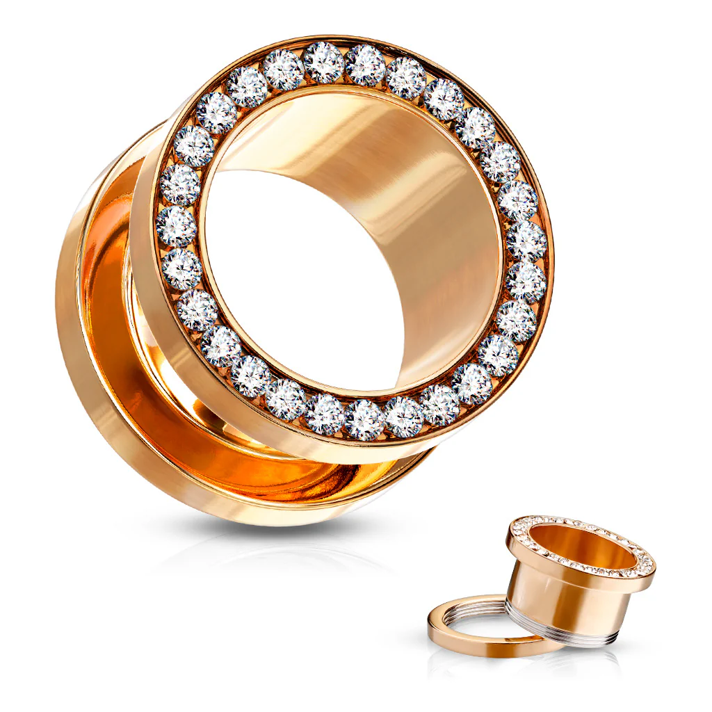 Pair Of 14K Gold Plated Multi CZ Rim Ear Plug Screw Fit Flesh Tunnel - Image 7