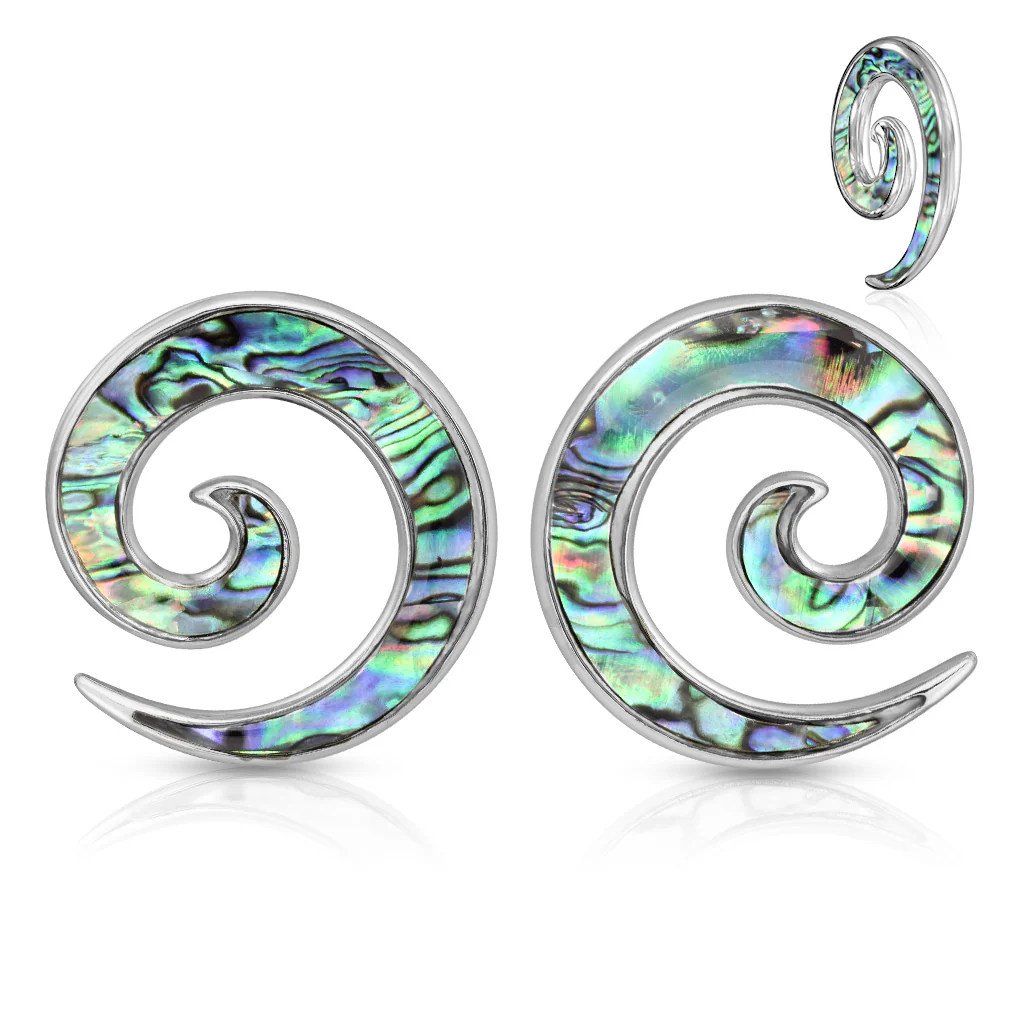 Pair Of 0G Abalone Inlaid 316L Stainless Steel Spiral Ear Tapers - Image 2