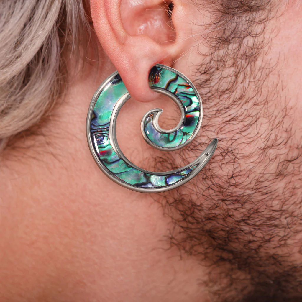 Pair Of 0G Abalone Inlaid 316L Stainless Steel Spiral Ear Tapers - Image 4