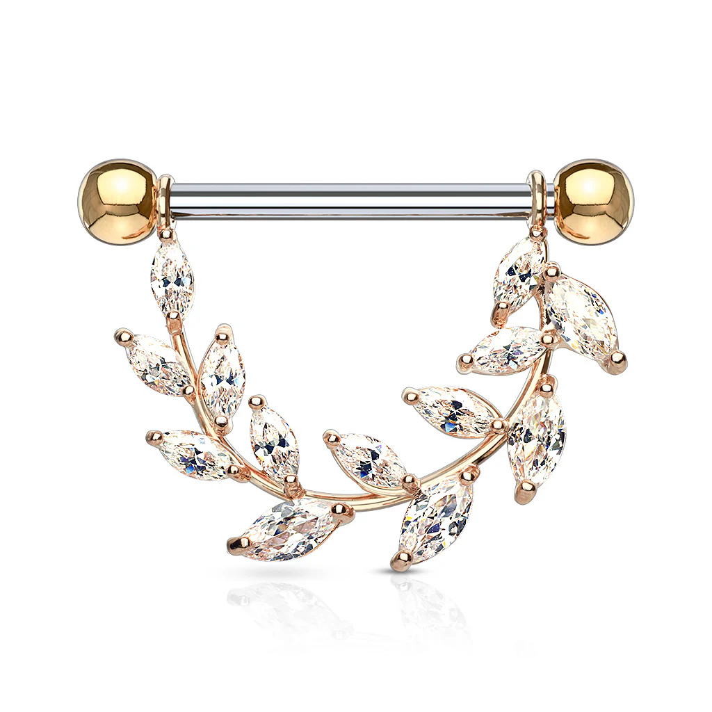 Pair of Marquise CZ Vine Surgical Steel Barbell Nipple Rings - Image 4