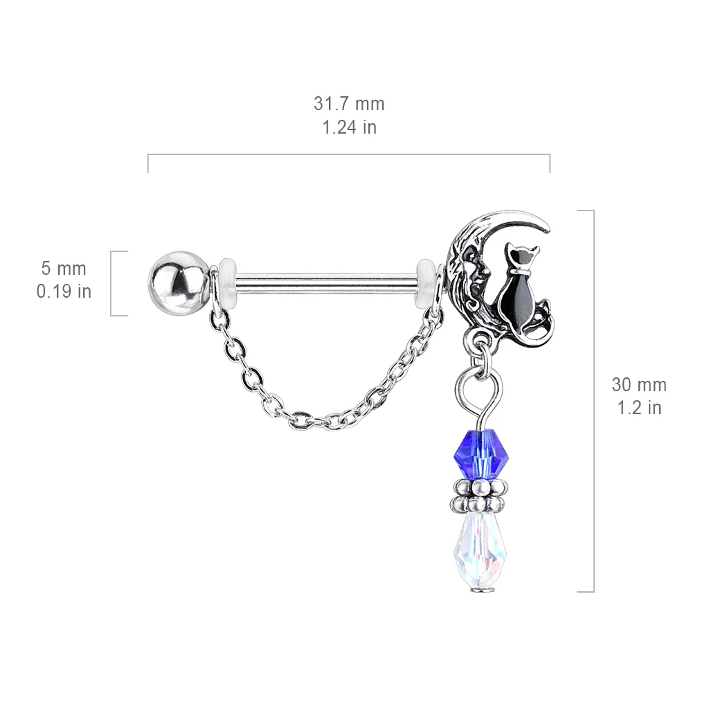 Pair of Cat Sitting on Moon with Beads and Chain Dangles Nipple Barbell Rings - Image 2