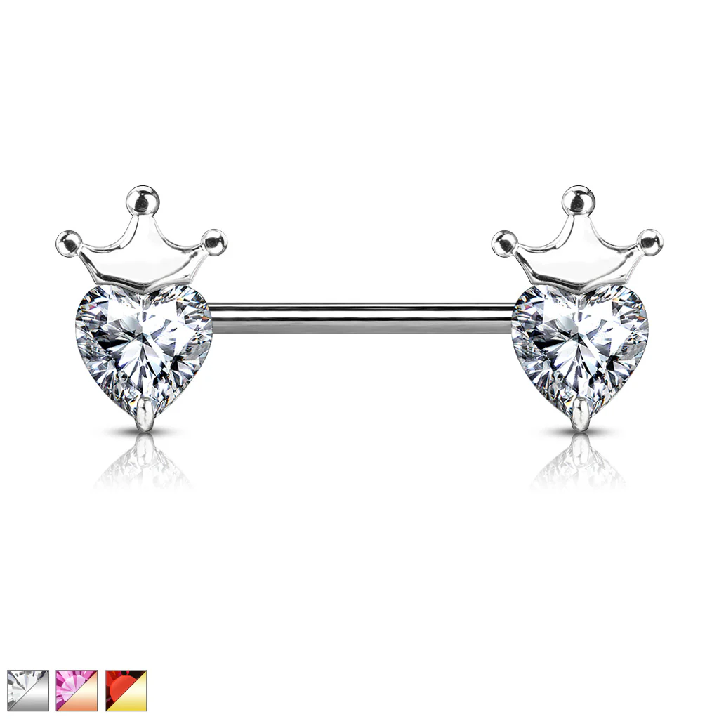 Pair Of Heart CZ With Crown Nipple Barbell Nipple Rings - Image 4