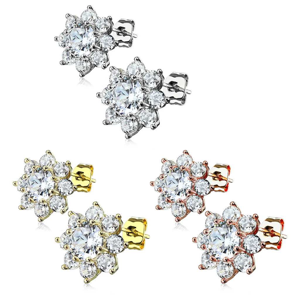 Pair of Round CZ Flower Surgical Steel Post Earring Studs - Image 6