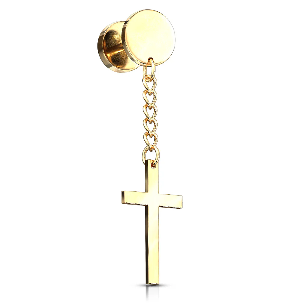 1 Pc Cross on Chain Dangle 16 Gauge 316L Surgical Steel Fake Plugs - Image 3