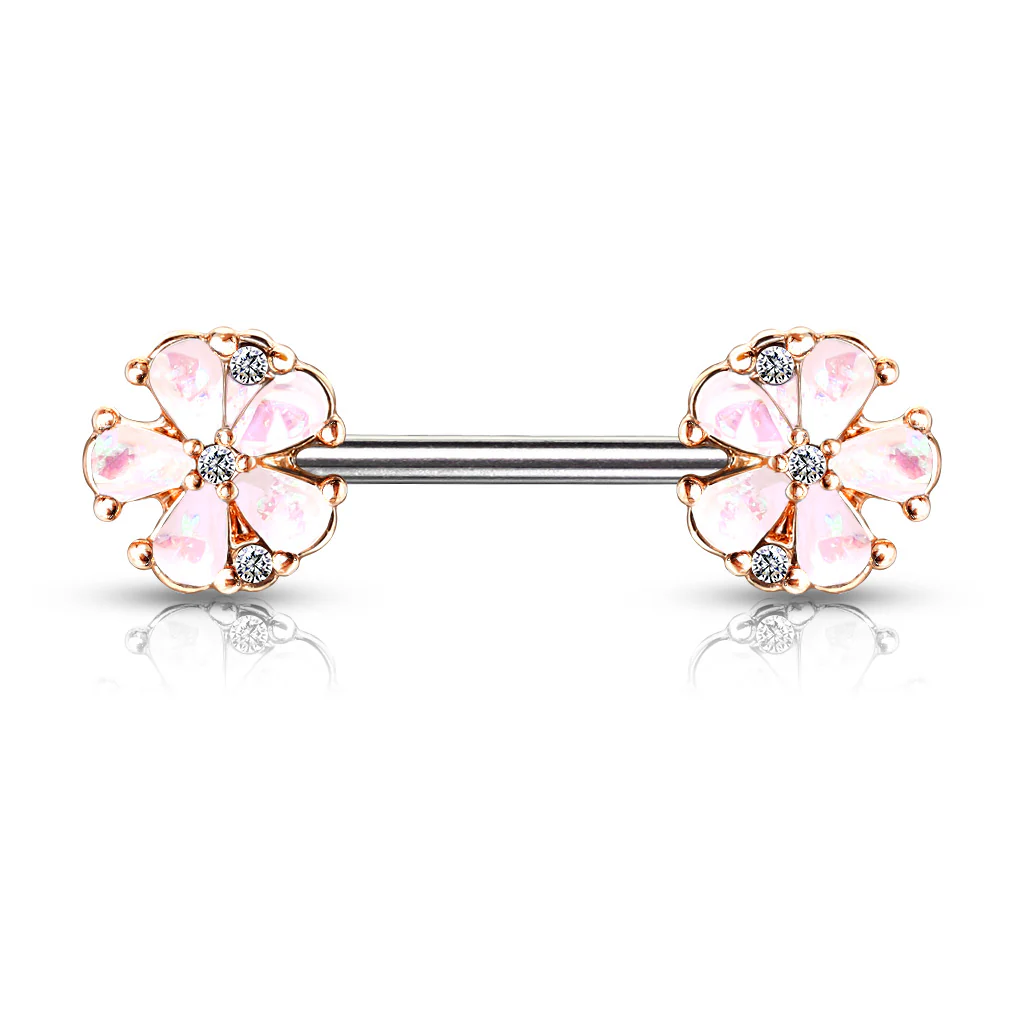 Pair Opal Glitter Filled 5 Petal Flower Ends Barbell Nipple Rings - Image 4