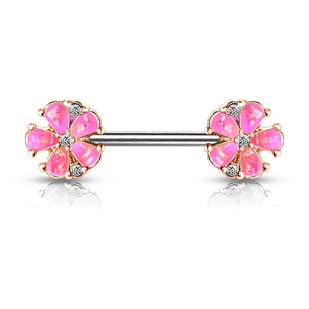 Pair Opal Glitter Filled 5 Petal Flower Ends Barbell Nipple Rings - Image 5