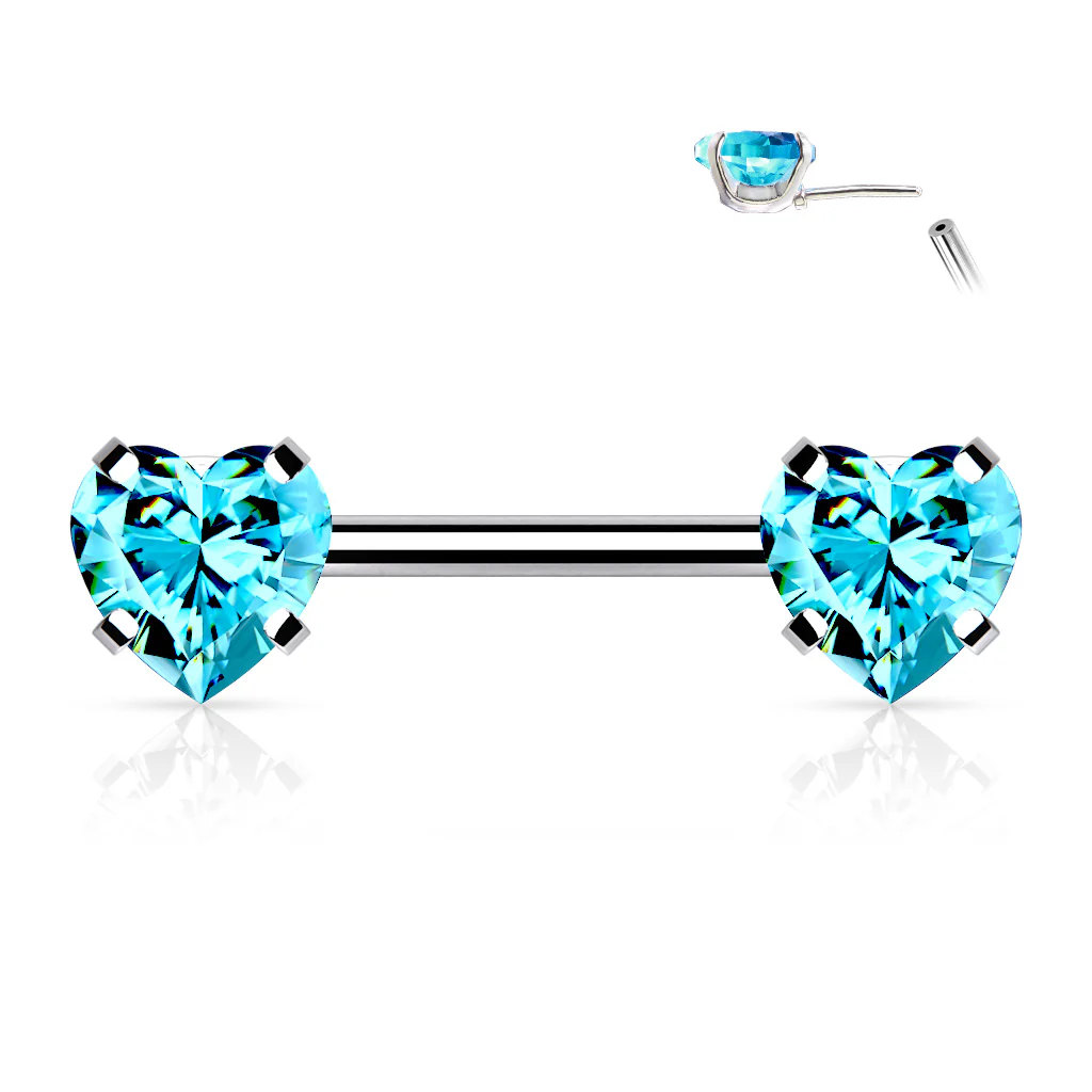 Pair Prong Set Heart CZ  Surgical Steel Threadless Push in Nipple Barbells - Image 6