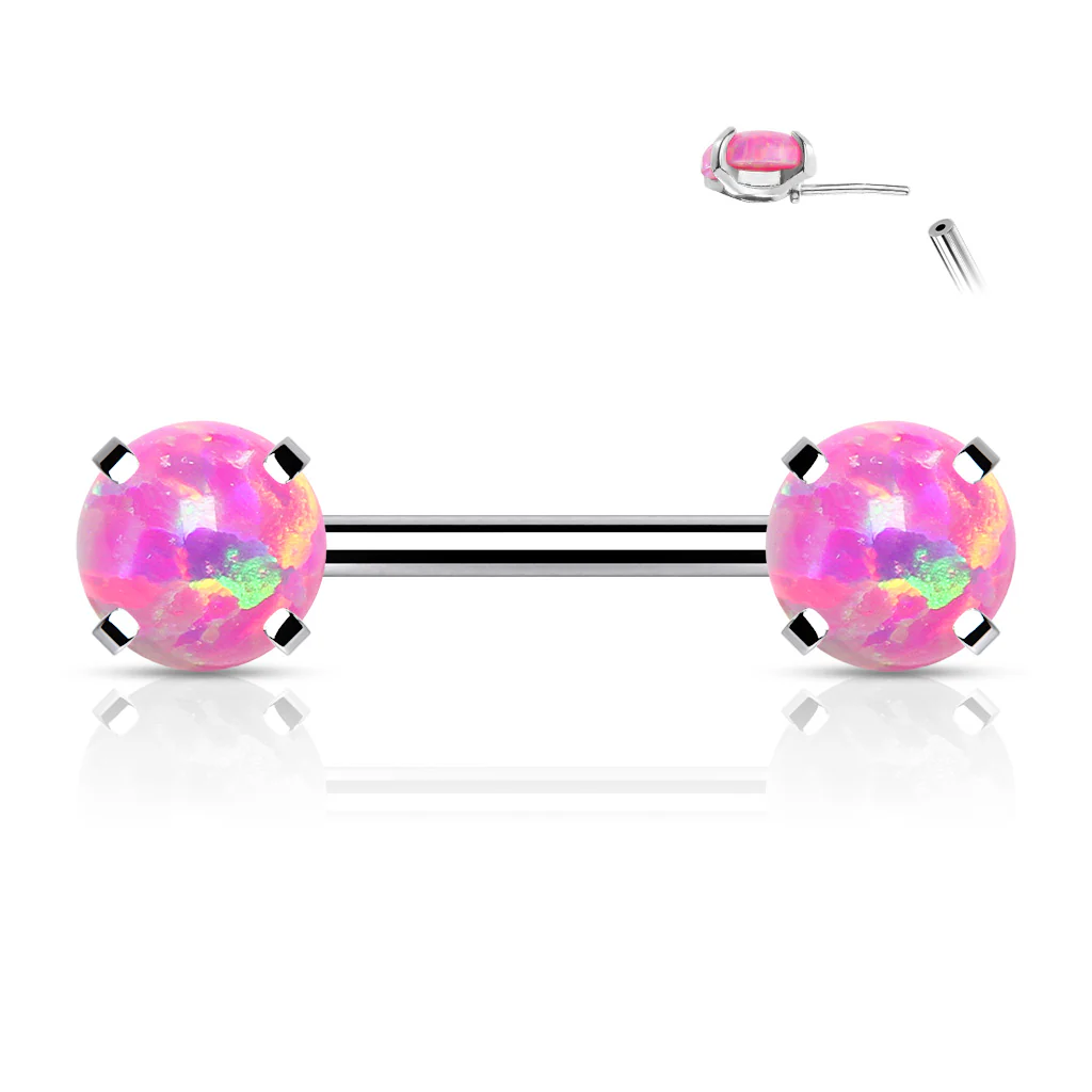 Pair Prong Set 6 mm Opal Stone Threadless Push in Nipple Barbells - Image 6