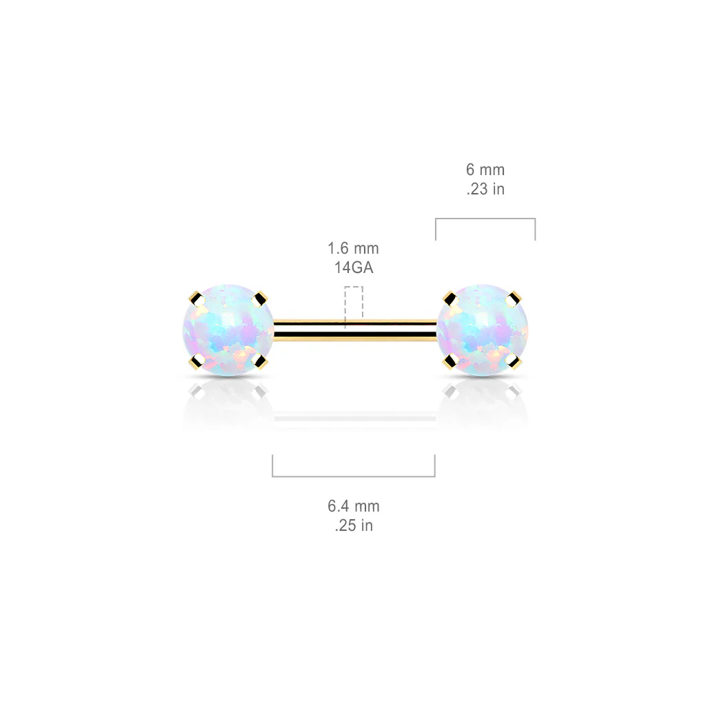 Pair Prong Set 6 mm Opal Stone Threadless Push in Nipple Barbells - Image 8