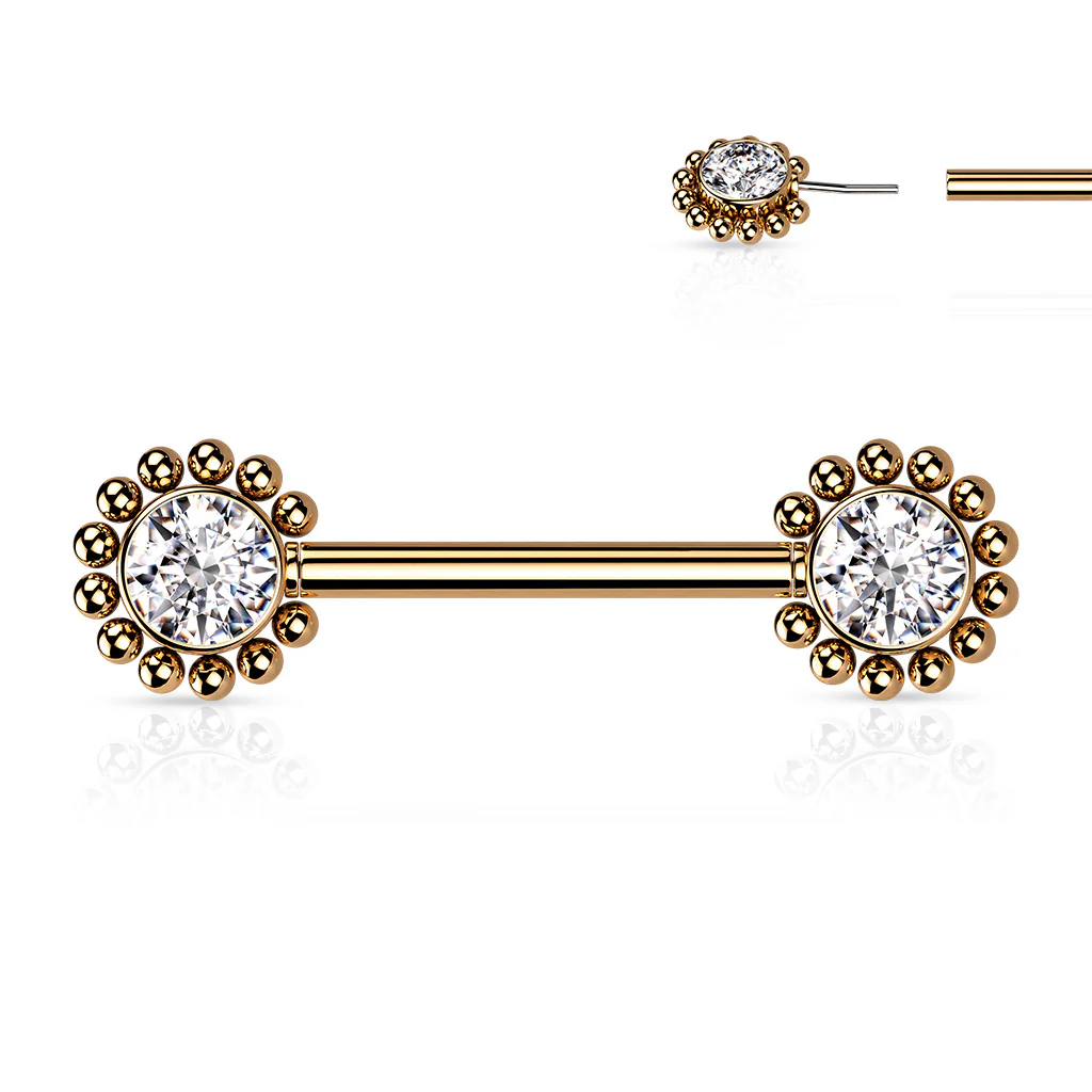 Pair Beaded Ball Edge CZ Center Threadless Push in Nipple Barbells - Image 11
