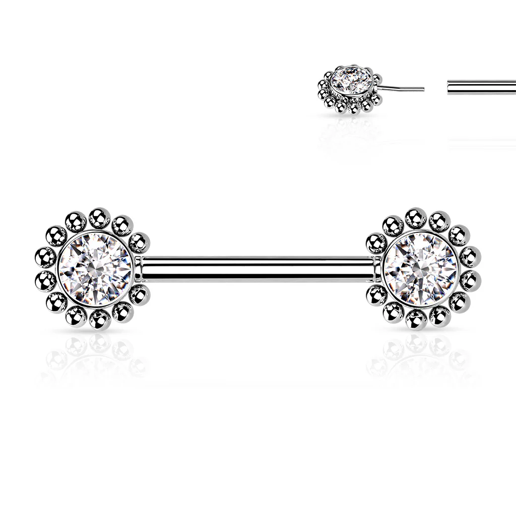 Pair Beaded Ball Edge CZ Center Threadless Push in Nipple Barbells - Image 3
