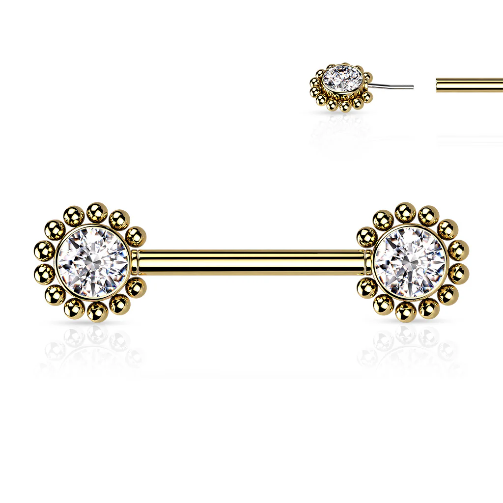 Pair Beaded Ball Edge CZ Center Threadless Push in Nipple Barbells - Image 4