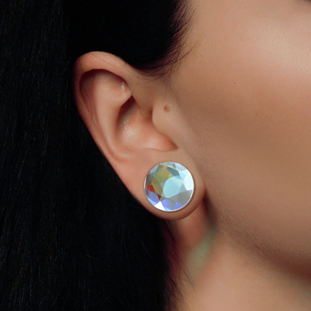 Pair Iridescent Glass Faceted Double Flare Ear Plugs - Image 3