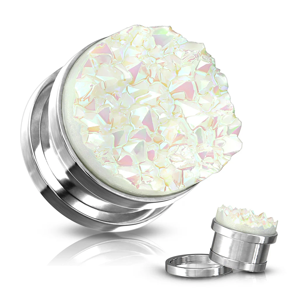 Pair White Druzy Stone Front Screw Fit Flesh Tunnels Ear Plugs - Image 2